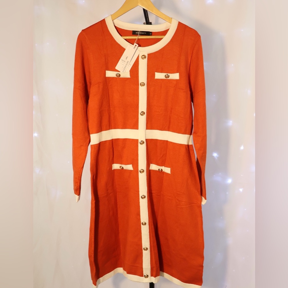 Orange and White Button-down Sweater Dress